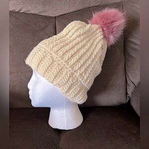 Women’s Cream Crocheted Hat with Pink Hue Faux Pom Pom - OS
